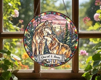 Personalized Wolf Couple Stained Glass Suncatcher, Custom Wolf Art Window Hanging, Valentine Suncatcher, Anniversary Gift for Couples