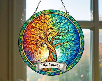 Custom Tree of Life Suncatcher for Window, Personalized Stained Glass Spiritual Boho Home Decor, Meditation Yoga Art, Chakra Gift for Mom