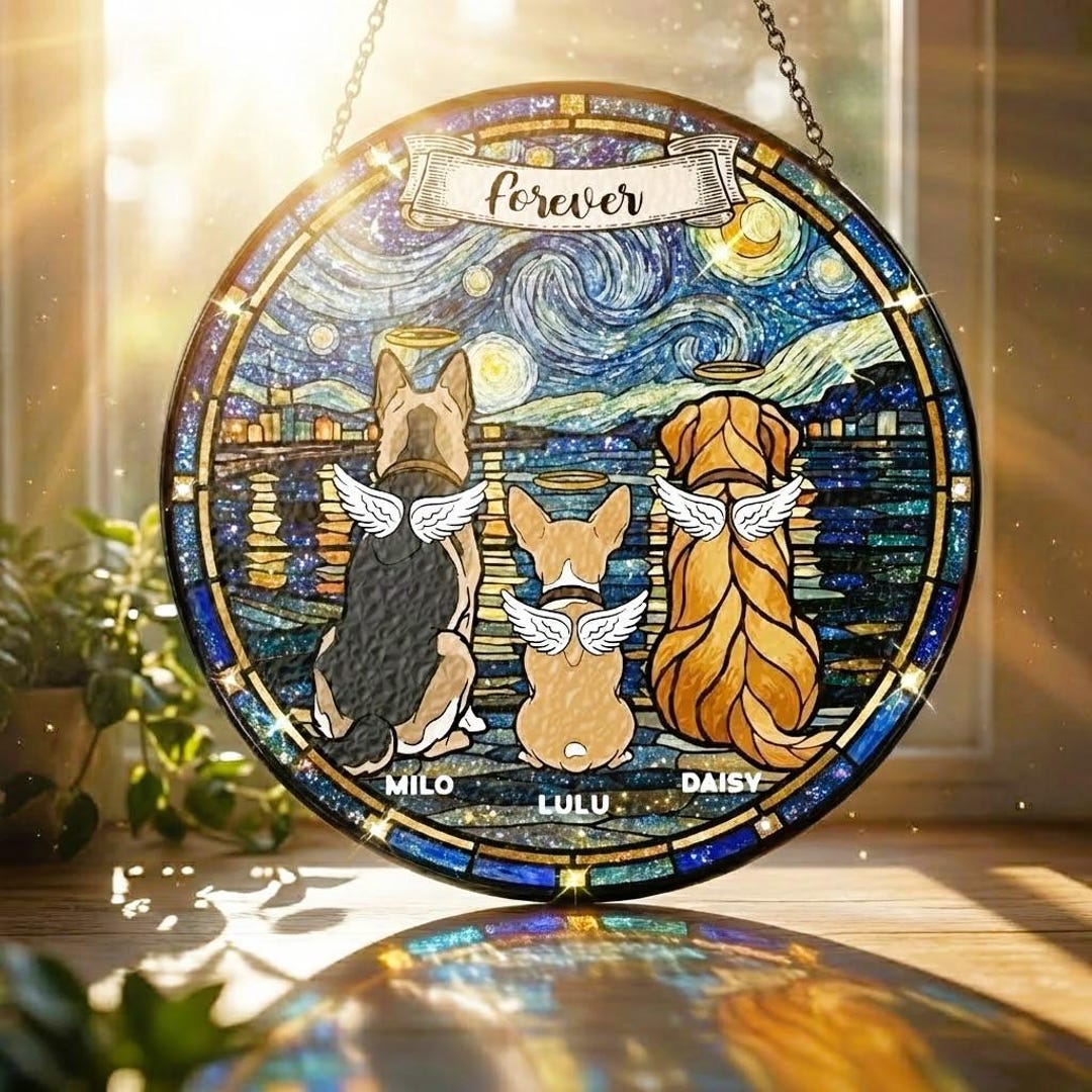 Custom Dog Memorial Suncatcher, Rainbow Bridge Dog Stained Glass Window ...