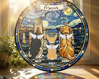Custom Dog Memorial Suncatcher, Rainbow Bridge Dog Stained Glass Window Hanging, Loss Of A Dog Sympathy Gifts, Dog Remembrance Decor