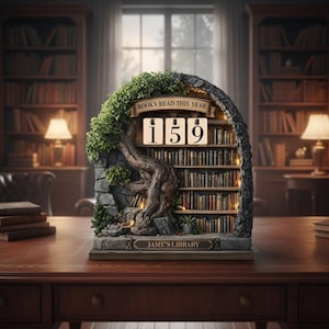 May include: A decorative bookshelf sculpture with a tree trunk and stone arch design. The sculpture displays the text "BOOKS READ THIS YEAR" above the number "159". The base reads "JAMES'S LIBRARY". The sculpture is on a wooden desk.
