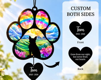 Boston Terrier Memorial Suncatcher, Custom Sunset Pet Memorial Ornament, Personalized Boston Silhouette, Rainbow Bridge Dog Paw Gift
