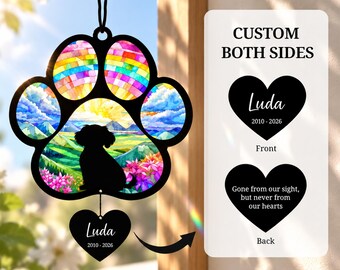 Shih Tzu Memorial Suncatcher, Custom Sunset Pet Sympathy Ornament, Personalized Shih Tzu Silhouette, Rainbow Bridge Dog Paw Gift