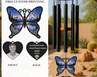 Dad Memorial Wind Chime, Personalized Butterfly Remembrance Gift, Custom Photo Loss Keepsake Decor