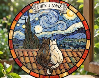 Personalized Soulmate Cats Stained Glass Suncatcher – Couple Black and White Cat Art for Anniversary, Wedding Gift, Custom Love Home Decor