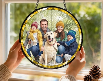 Custom Stained Glass Family Portrait Suncatcher Personalized Photo Window Hanging Gift for Mom Dad Grandma Family Sun Catcher Keepsake