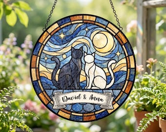 Personalized Handmade Cat Couple Stained Glass Art – Custom Romantic Cat Window Suncatcher, Gift for Cat Lovers, Husband and Wife Decor