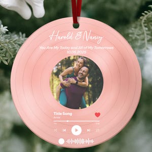 Custom Song Photo Ornament, Vinyl Record Couple Ornament, Our Song Keepsake Gift for Christmas, Valentine’s Day, Wedding or Anniversary