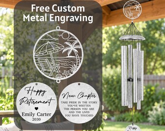 Custom Retirement Wind Chime, Personalized Happy Retirement Gift for Coworker, Engraved New Chapter Keepsake for Retiree Friend Neighbor Mom