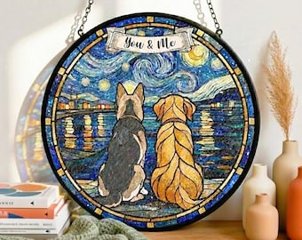 Personalized Dog Suncatcher, Couple Dog Custom Portrait Stained Glass Window Hanging, Dog Breed Valentine Gift for Couples, Dog Mom Gifts