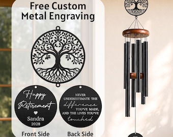 Personalized Retirement Wind Chime, Tree of Life Custom Engraved Gift, Happy Retirement Keepsake for Women Nurse Teacher Coworker or Mom