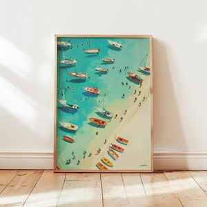 Obra de arte original y vibrante de playa, arte festivo con figuras de palitos. Impresión de verano vintage, póster, arte mural, pintura personalizada. Tamaños enmarcados A4, A3 y A2.