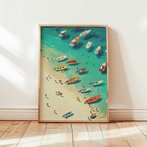 Obra de arte original de verano con barcos y playas: arena y mar. Impresión, póster, arte mural o pintura de verano vintage. Tamaños A4, A3 y A2. Pintura personalizada.