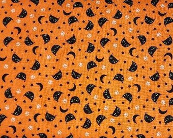 Halloween fabric, orange Halloween fabric, black cat fabric, black cat faces, yardage, spooky fabric