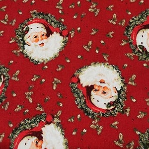 Christmas fabric, Santa Claus fabric, cotton fabric, yardage, sewing project, red Christmas fabric, Christmas greenery on Santas