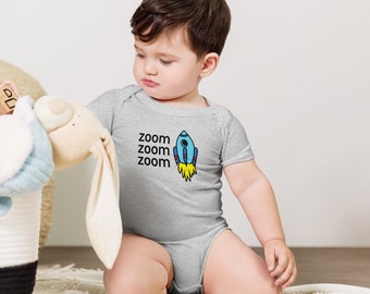 Zoom zoom zoom cute spaceship short sleeve onesie for baby boys and girls. Gender-neutral.
