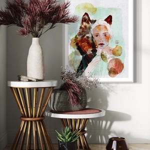 Spiriti guardiani – Stampa artistica mistica di lupo e donna | Decorazione murale artistica | Arte con tecniche miste | Illustrazione femminile