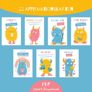 22 affirmation cards with monsters for children to print, PDF encouraging cards for kindergarten, classroom with cute little monsters