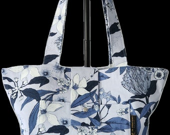 Blue floral handmade Tote bag, Cotton Canvas Tote Bag, Fashionable, Stylish, Trendy, Chic,   Designer cotton tote bag with logo.