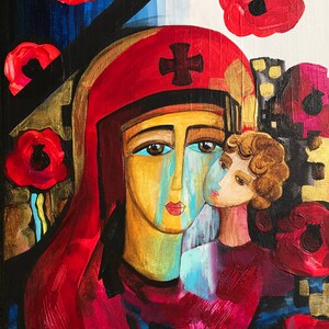May include: Abstract painting depicting a figure in a red head covering with a cross, and a child. The artwork uses bold colours, including red, gold, blue, and black, with stylised poppies. The style is reminiscent of religious iconography.