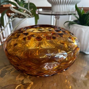 Vintage Amber Blown Glass Diamond/Honeycomb Optic Vase, MCM Decor, Heavy Art Glass