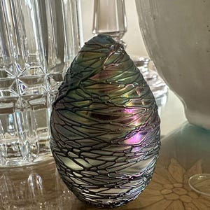 Vintage Mt. St. Helen Volcanic Ash Iridescent Blown Glass Egg Paperweight | Art Glass, Desk Decor
