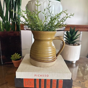 May include: A mustard yellow ceramic pitcher with a ribbed texture and a single handle, resting on a beige book titled Picasso which is stacked atop a dark brown book titled Reader's Digest Condensed Books, containing green foliage.