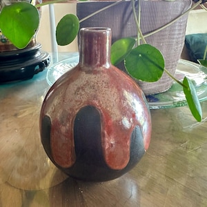 Vintage Signed Japanese Studio Pottery Vase: Red Drip Glaze, Mid-Century Mingei Style