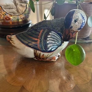 Vintage Tonala Pottery Duck Figurine: Hand-Painted Mexican Folk Art