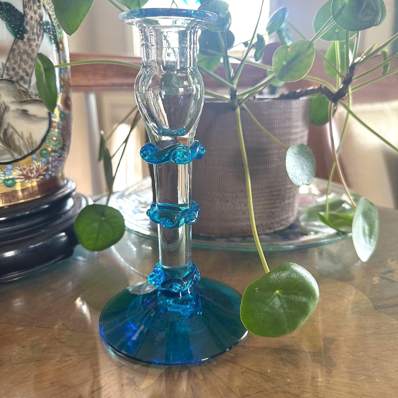 希少なヴィンテージ BLENKO ブレンコガラス 置物 手拭きガラスアメリカ雑貨 Vintage Blenko Handcrafted Glass Vase-Clear Blue w/Black