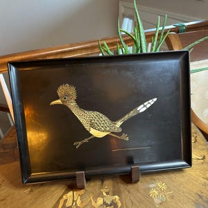 Vintage Couroc Tray 12x18 Roadrunner Design MCM Black Bakelite with Wooden Inlay  Monterey, California