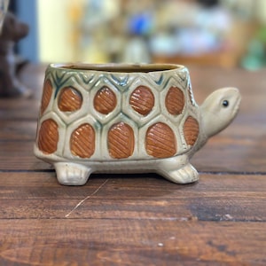 Vintage Stoneware Pottery Turtle Planter, Woodland Animal Decor