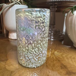 Vintage Iridescent Art Glass Vase: Hand Blown Mottled Tumbler