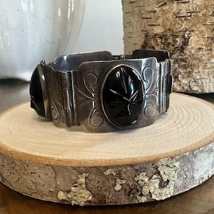 Vintage Mexican Sterling Silver Panel Bracelet with Carved Onyx Cabochons 6.75 in. | Statement Jewelry