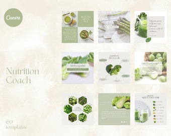 May include: A set of 60 social media templates for a nutrition coach. The templates feature green vegetables, smoothies, and text about healthy eating. The text includes "Matcha Green Tea", "Ask Me a Question", "5 Benefits of Broccoli", "Did You Know?", "Detox Green Smoothie", and "60 Templates".