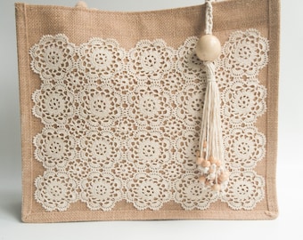 handmade bag, handmade tote, lace tote, lace bag, jute bag, handmade gift, mother day gift