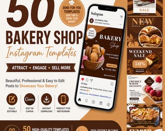 May include: A promotional graphic for a bakery, featuring the text "50 Bakery Shop Instagram Templates." The design includes a smartphone displaying an Instagram post with baked goods, and additional promotional graphics. The color scheme is brown and white.