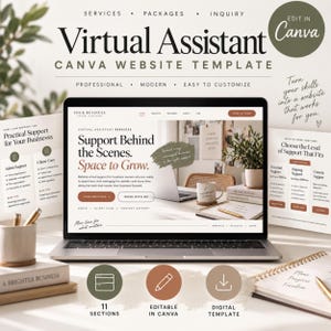 May include: A digital website template for virtual assistants displayed on a laptop screen, featuring text that reads Virtual Assistant Canva Website Template, Support Behind the Scenes, and Space to Grow, with three circular icons below the laptop.