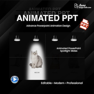 Puede incluir: Un diseño de presentación de PowerPoint en blanco y negro con el texto "ANIMATED PPT" en letras blancas grandes. Un foco ilumina un gato gris con la palabra "MEOW" debajo. El diseño incluye el texto "Advance Powerpoint Animation Design".
