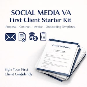 Puede incluir: Una pila de papeles blancos con bordes azules, etiquetada como "Client Proposal". La imagen incluye el texto: "Social Media VA First Client Starter Kit" y "Sign Your First Client Confidently". También se ven iconos de un sobre, un documento, monedas y una portapapeles.