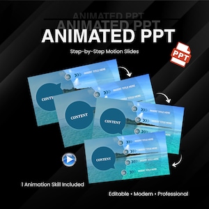 Puede incluir: Un conjunto de diapositivas de presentación con el título "ANIMATED PPT" en texto blanco. Las diapositivas presentan un fondo azul océano con burbujas de texto que contienen la palabra "CONTENT". La imagen incluye el texto "Step-by-Step Motion Slides" y "1 Animation Skill Included".