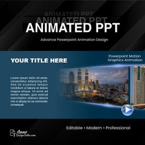 Op de afbeelding: Een digitale presentatiedia met de tekst "ANIMATED PPT" in grote witte letters. De dia bevat een stadsbeeld en de tekst "YOUR TITLE HERE". Extra tekst bevat "Advance Powerpoint Animation Design" en "Powerpoint Motion Graphics Animation".