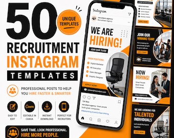 Recruitment Instagram Posts Templates, Recruiting Agency Instagram, Canva Templates, Social Media Marketing Templates, Branding Templates