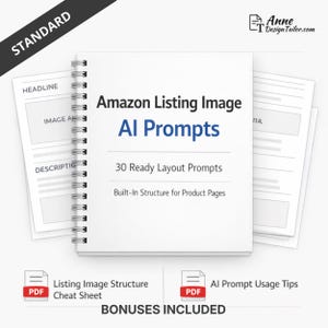 Könnte beinhalten: Ein weißes Spiralnotizbuch mit dem Titel "Amazon Listing Image AI Prompts" mit dem Text "30 Ready Layout Prompts" und "Built-In Structure for Product Pages". Enthält PDF-Boni. Das Notizbuch wird von losen Seiten begleitet.
