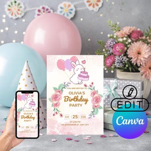 Bearbeitbare Kaninchen-Geburtstagsfeier-Einladungsvorlage Kaninchen-Party-Einladungen für Mädchen Kaninchen-Geburtstagskarte-Häschen-Geburtstags-Thema