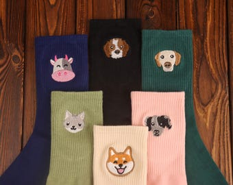 Custom Embroidered Pet Portrait Socks: Personalized Dog & Cat Gift from Photo