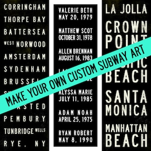 May include: Black and white subway art print with the text "LA JOLLA CROWN POINT BEACH SANTA MONICA MANHATTAN BEACH" and the text "MAKE YOUR OWN CUSTOM SUBWAY ART".
