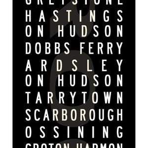 Peut inclure: Un panneau rectangulaire noir avec du texte blanc sans empattement listant les gares : Grand Central, Harlem/125th St., Univ. Heights, Marble Hill, Riverdale, Yonkers, Glenwood, Greystone, Hastings on Hudson, Dobbs Ferry, Ardsley on Hudson, Tarrytown, Scarborough, Ossining, Croton-Harmon, Cortlandt, Peekskill, Garrison, Cold Spring, Beacon, New Hamburg et Poughkeepsie.