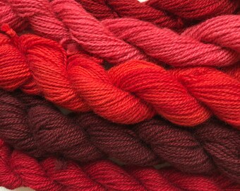 100% wool rug yarn, hand dyed, 9 skeins Tapestry Brights - Reds:  set, 6 oz total weight