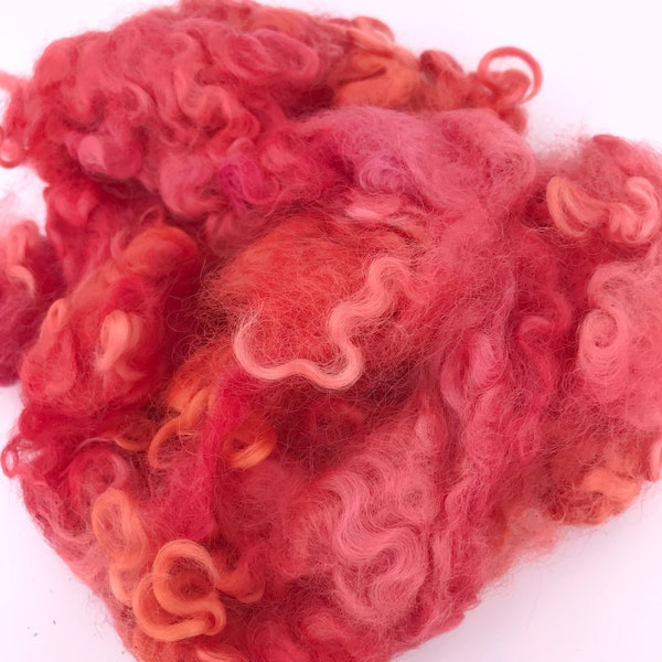 2 oz Leicester Longwool Locks, Coral Red, hand dyed wool fiber for embellishment